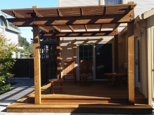 Redwood deck and trellis after restoration