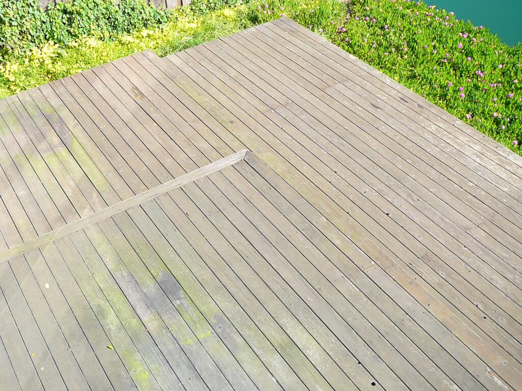 Redwood deck before cleaning and preserving